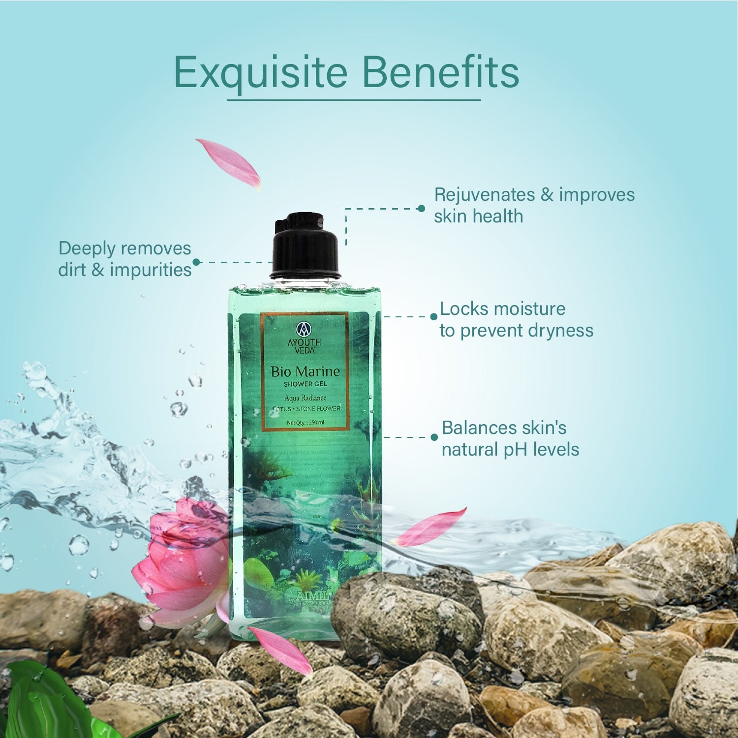 Ayouthveda Bio Marine Shower Gel for Men & Women | Enriched with Lotus, Stone Flower & Water Chestnut | Detoxifies, Moisturizes & Rejuvenates | (250 ml)