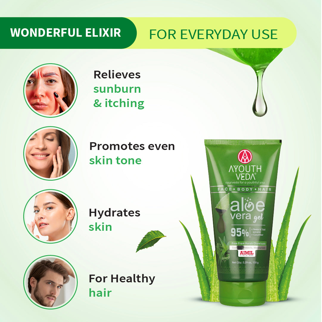 Ayouthveda Aloe Vera Gel | Multi-Purpose Gel For Face, Body & Hair | Calms Sunburn & Promotes Even Skin Tone | Non-Greasy Hydrating formula With Neem, Tulsi & Cucumber Extracts | Net. qty - 150g