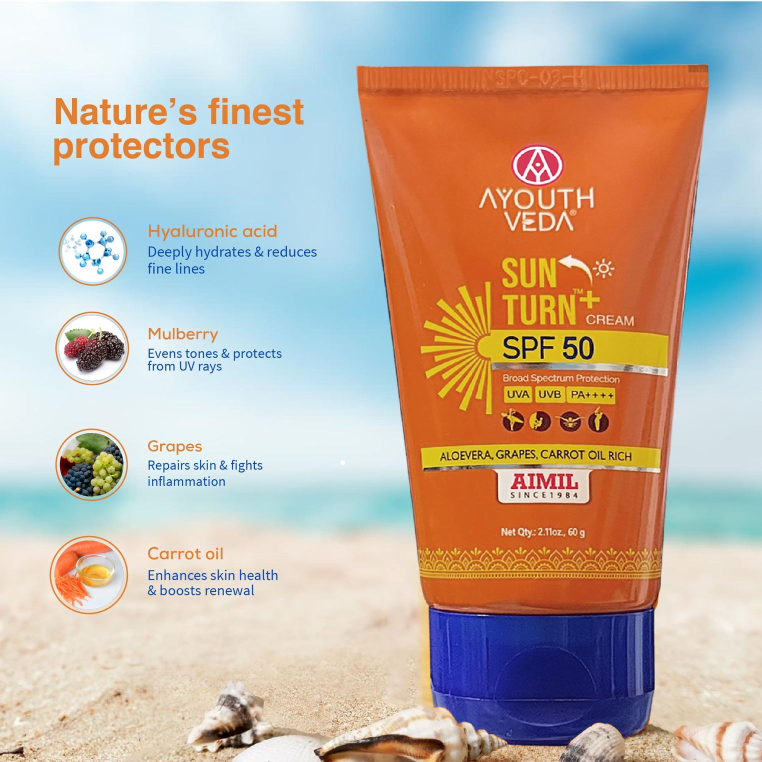 Ayouthveda Sun Turn+ Cream SPF 50 with Hyaluronic Acid for Broad Spectrum UV Protection Net qty.- 60 g
