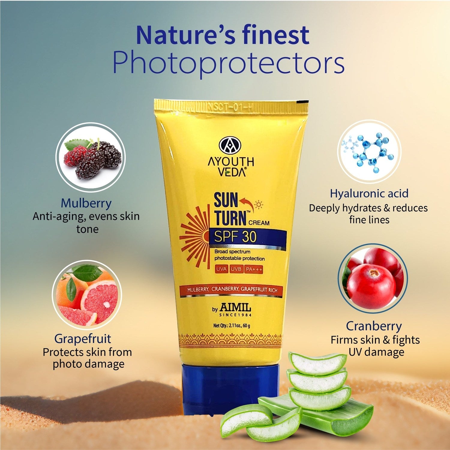 Ayouthveda Sun Turn Cream SPF 30 with Hyaluronic Acid for Broad Spectrum Photostable Protection Net qty.- 60 g