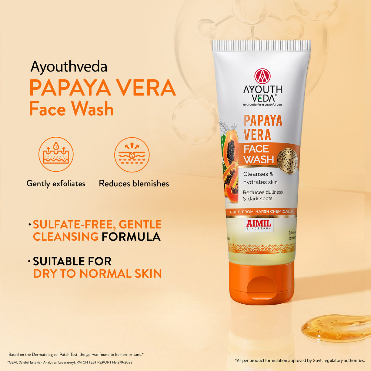 Ayouthveda Papaya Vera Face Wash with Real Papaya Extract | Deep Cleanser for Dry to Normal Skin | Removes Dullness, Dark Spots, & Impurities | Sulfate-Free Gentle Formula | (100 g)