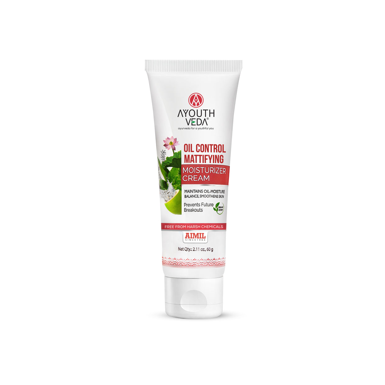 Ayouthveda Oil Control Mattifying Moisturizer Cream | Lightweight Non-Greasy Moisturizer with Green Tea, Aloe Vera & Coconut Water | Controls Excess Oil, Helps Prevent Acne & Gives Long-Lasting Matte Finish | Net Qty - 60g
