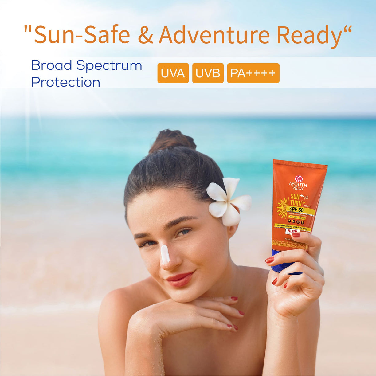Ayouthveda Sun Turn+ Cream SPF 50 with Hyaluronic Acid for Broad Spectrum UV Protection Net qty.- 60 g