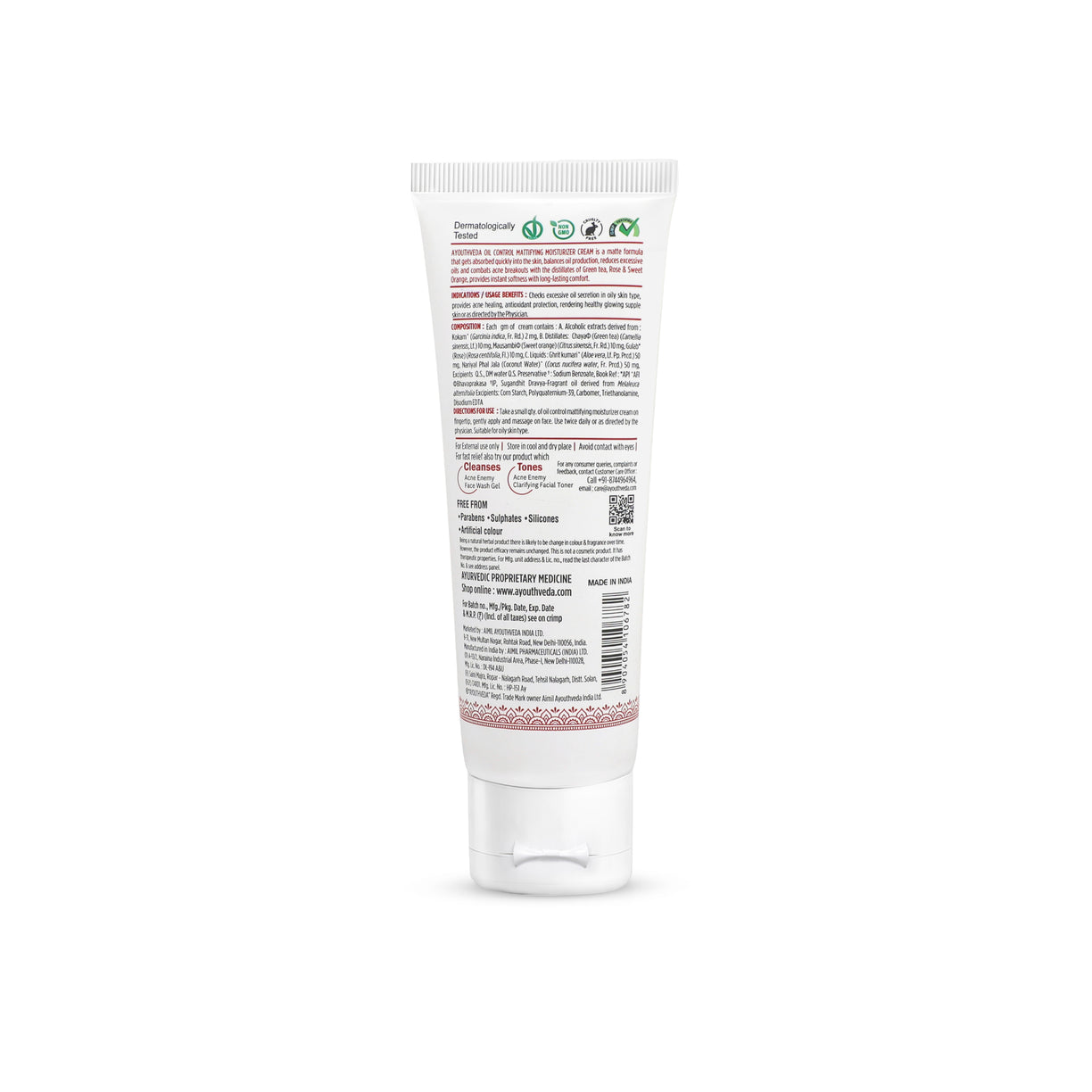 Ayouthveda Oil Control Mattifying Moisturizer Cream | Lightweight Non-Greasy Moisturizer with Green Tea, Aloe Vera & Coconut Water | Controls Excess Oil, Helps Prevent Acne & Gives Long-Lasting Matte Finish | Net Qty - 60g