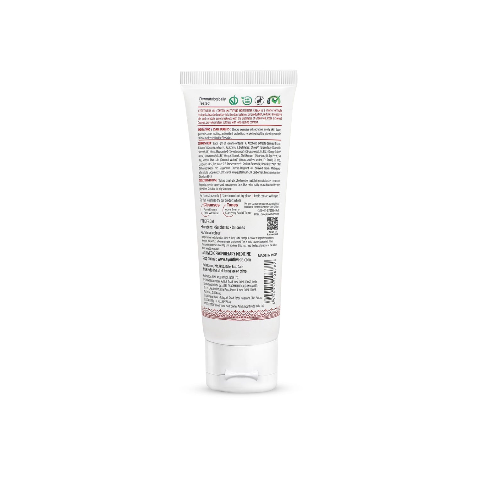Ayouthveda Oil Control Mattifying Moisturizer Cream | Lightweight Non-Greasy Moisturizer with Green Tea, Aloe Vera & Coconut Water | Controls Excess Oil, Helps Prevent Acne & Gives Long-Lasting Matte Finish | Net Qty - 60g