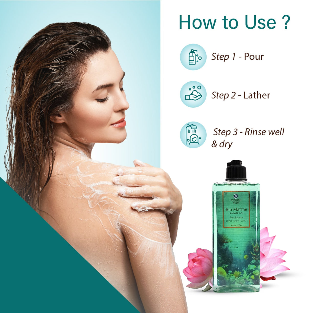 Ayouthveda Bio Marine Shower Gel for Men & Women | Enriched with Lotus, Stone Flower & Water Chestnut | Detoxifies, Moisturizes & Rejuvenates | (250 ml)