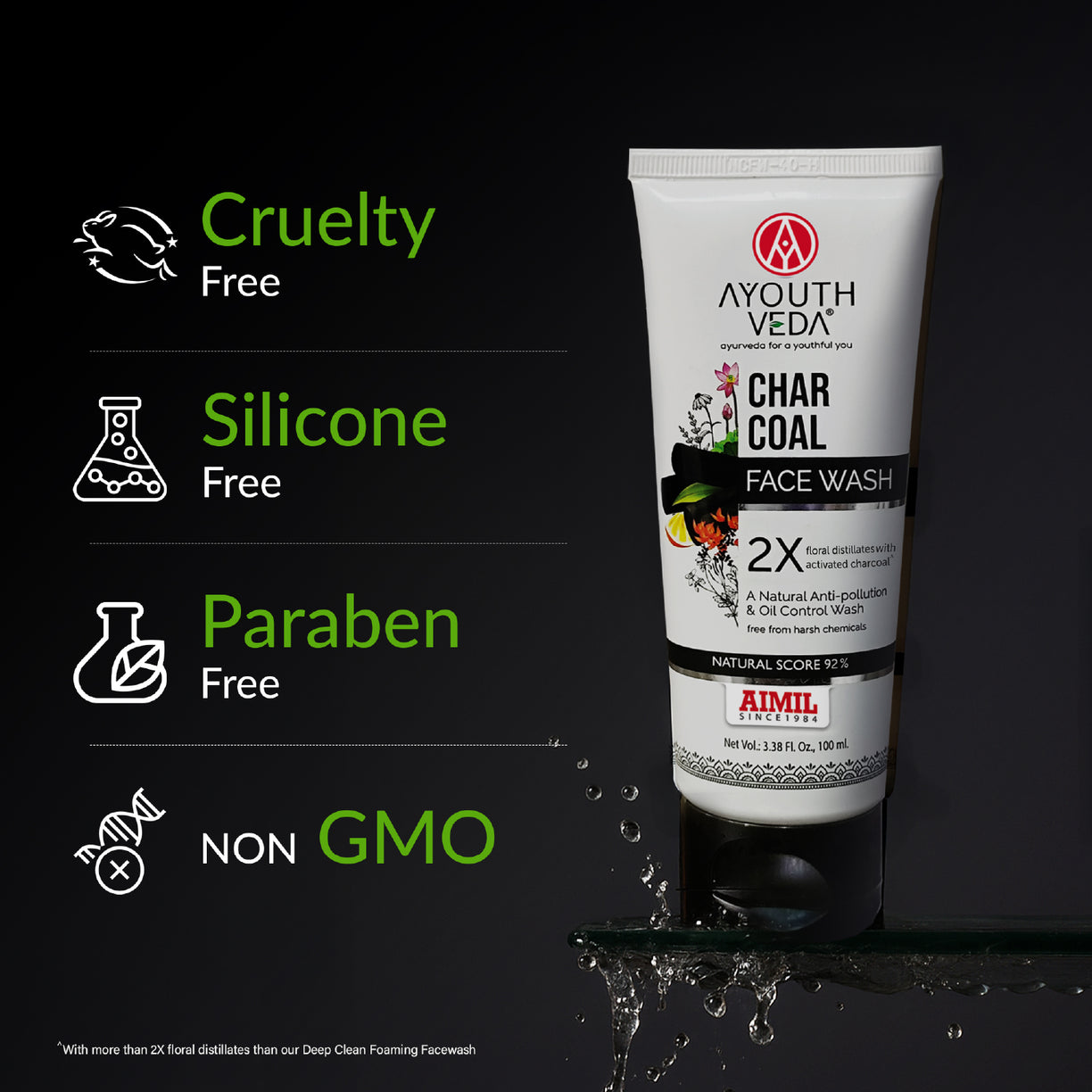 Ayouthveda Charcoal Face Wash with Activated Bamboo Charcoal & Floral Distillates | Anti-Pollution, Oil-Controlling Cleanser | Deep Detoxifying & Brightening Formula | Non-Drying & Dermatologically Safe | Suitable for All Skin Types | Net Qty – 100 ml