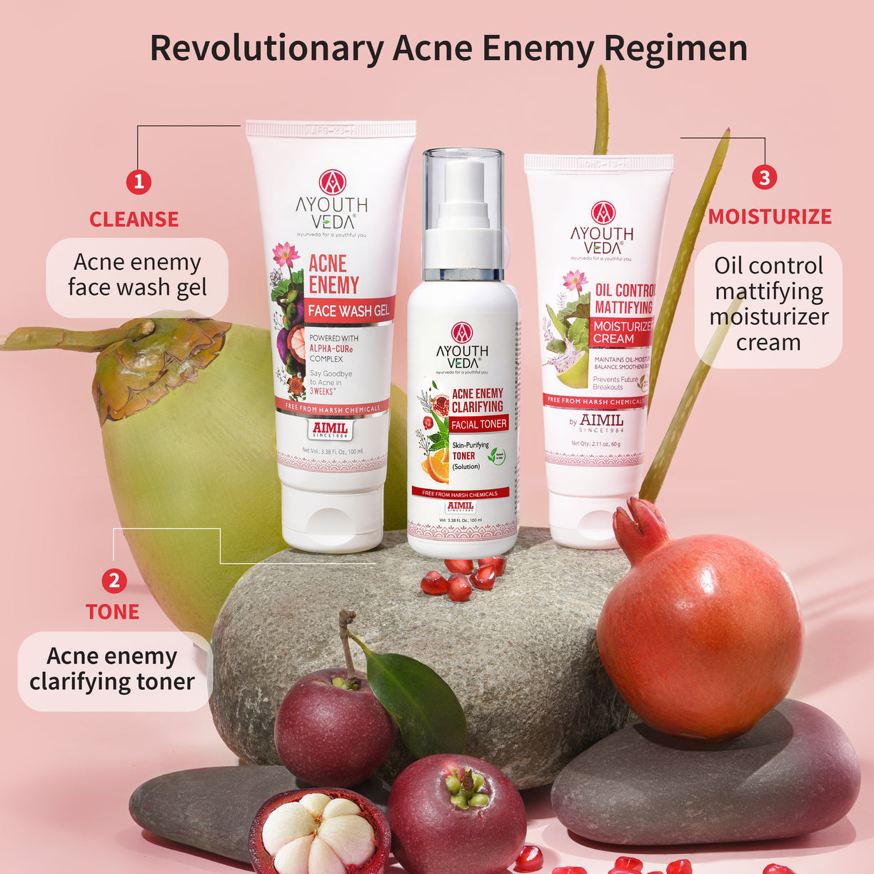 Ayouthveda Anti-Acne CTM Regime | Acne Enemy Face Wash 100 ml + Acne Enemy Clarifying Toner 100 ml + Oil Control Matiffying Moisturizer 60 g | 3-Step Clear Skin Routine for Oily & Acne-Prone Skin