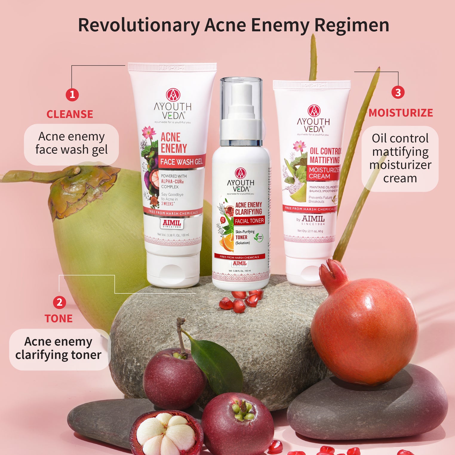 Ayouthveda Anti-Acne CTM Regime | Acne Enemy Face Wash 100 ml + Acne Enemy Clarifying Toner 100 ml + Oil Control Matiffying Moisturizer 60 g | 3-Step Clear Skin Routine for Oily & Acne-Prone Skin