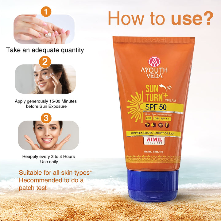 Ayouthveda Sun Turn+ Cream SPF 50 with Hyaluronic Acid for Broad Spectrum UV Protection Net qty.- 60 g