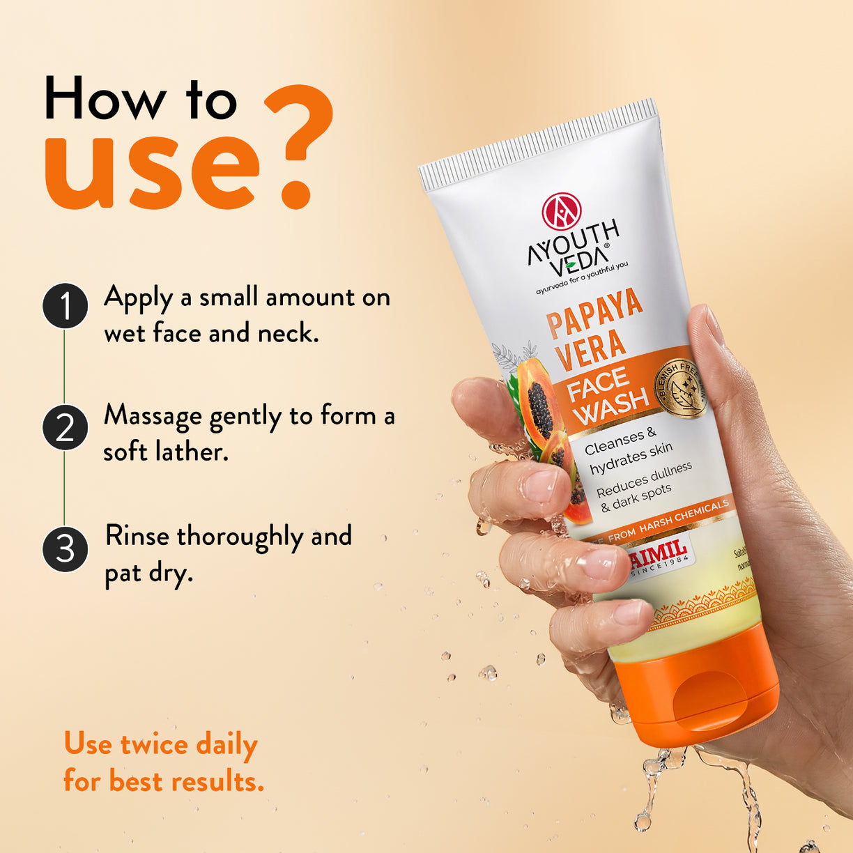 Ayouthveda Papaya Vera Face Wash with Real Papaya Extract | Deep Cleanser for Dry to Normal Skin | Removes Dullness, Dark Spots, & Impurities | Sulfate-Free Gentle Formula | (100 g)