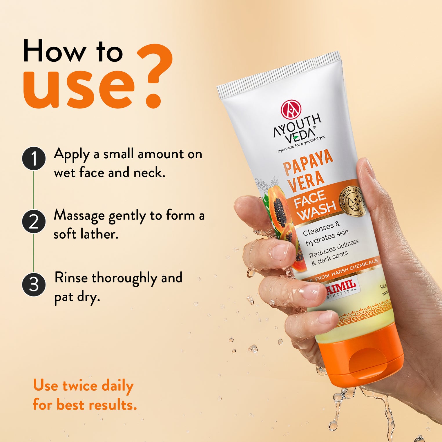 Ayouthveda Papaya Vera Face Wash with Real Papaya Extract | Deep Cleanser for Dry to Normal Skin | Removes Dullness, Dark Spots, & Impurities | Sulfate-Free Gentle Formula | (100 g)