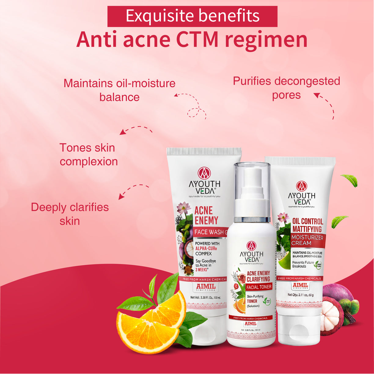 Ayouthveda Anti-Acne CTM Regime | Acne Enemy Face Wash 100 ml + Acne Enemy Clarifying Toner 100 ml + Oil Control Matiffying Moisturizer 60 g | 3-Step Clear Skin Routine for Oily & Acne-Prone Skin
