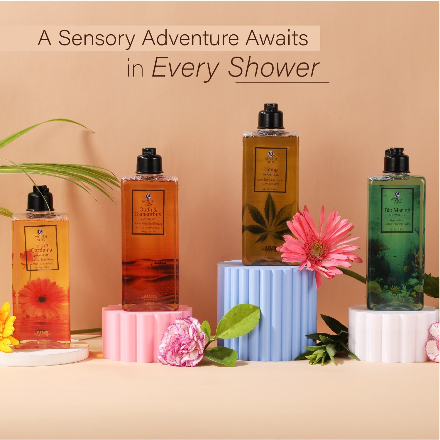 Ayouthveda Bio Marine Shower Gel for Men & Women | Enriched with Lotus, Stone Flower & Water Chestnut | Detoxifies, Moisturizes & Rejuvenates | (250 ml)