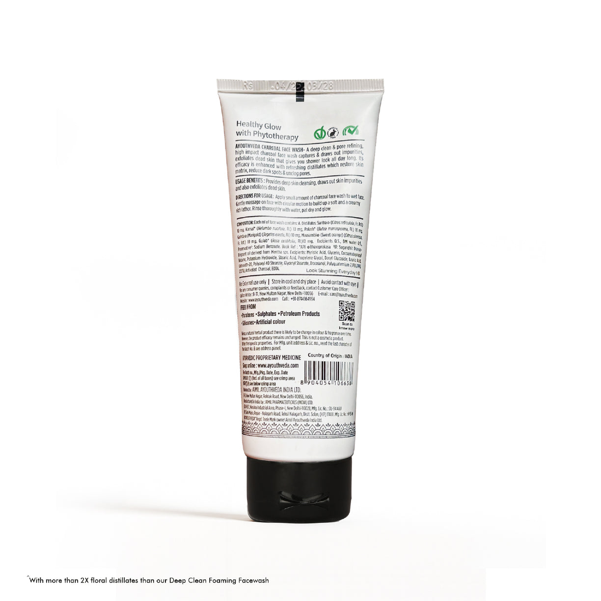 Ayouthveda Charcoal Face Wash with Activated Bamboo Charcoal & Floral Distillates | Anti-Pollution, Oil-Controlling Cleanser | Deep Detoxifying & Brightening Formula | Non-Drying & Dermatologically Safe | Suitable for All Skin Types | Net Qty – 100 ml