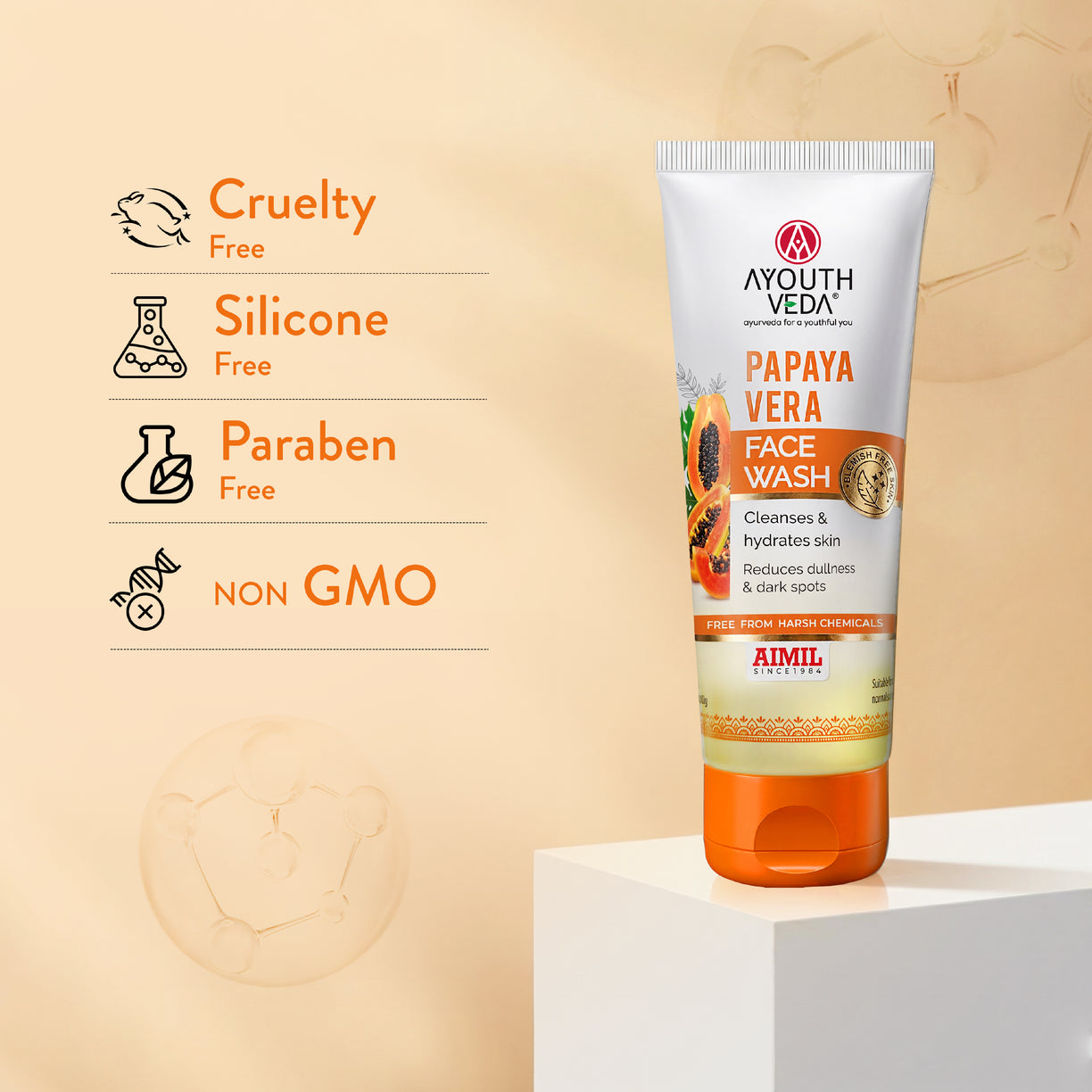 Ayouthveda Papaya Vera Face Wash with Real Papaya Extract | Deep Cleanser for Dry to Normal Skin | Removes Dullness, Dark Spots, & Impurities | Sulfate-Free Gentle Formula | (100 g)