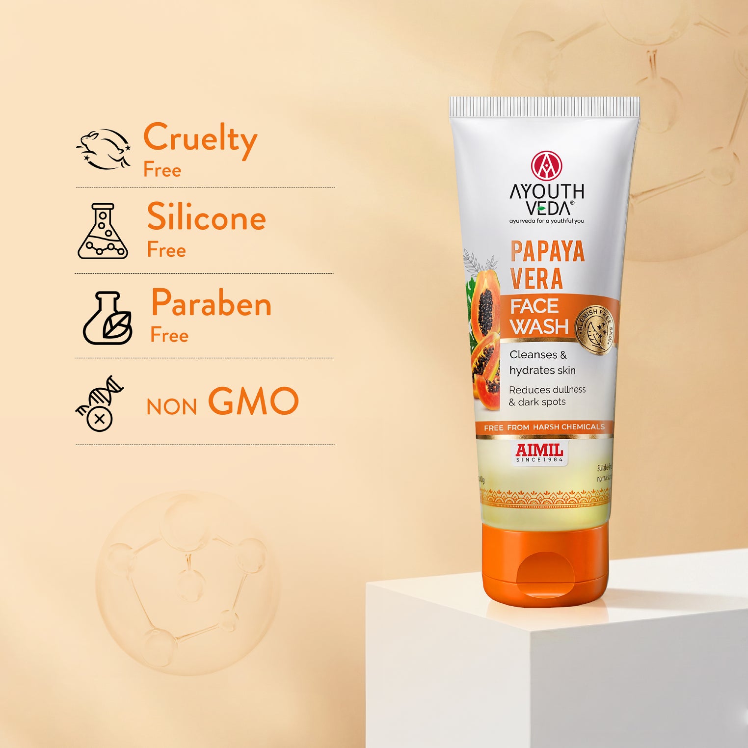 Ayouthveda Papaya Vera Face Wash with Real Papaya Extract | Deep Cleanser for Dry to Normal Skin | Removes Dullness, Dark Spots, & Impurities | Sulfate-Free Gentle Formula | (100 g)