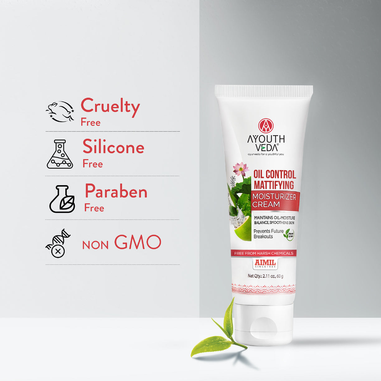 Ayouthveda Oil Control Mattifying Moisturizer Cream | Lightweight Non-Greasy Moisturizer with Green Tea, Aloe Vera & Coconut Water | Controls Excess Oil, Helps Prevent Acne & Gives Long-Lasting Matte Finish | Net Qty - 60g