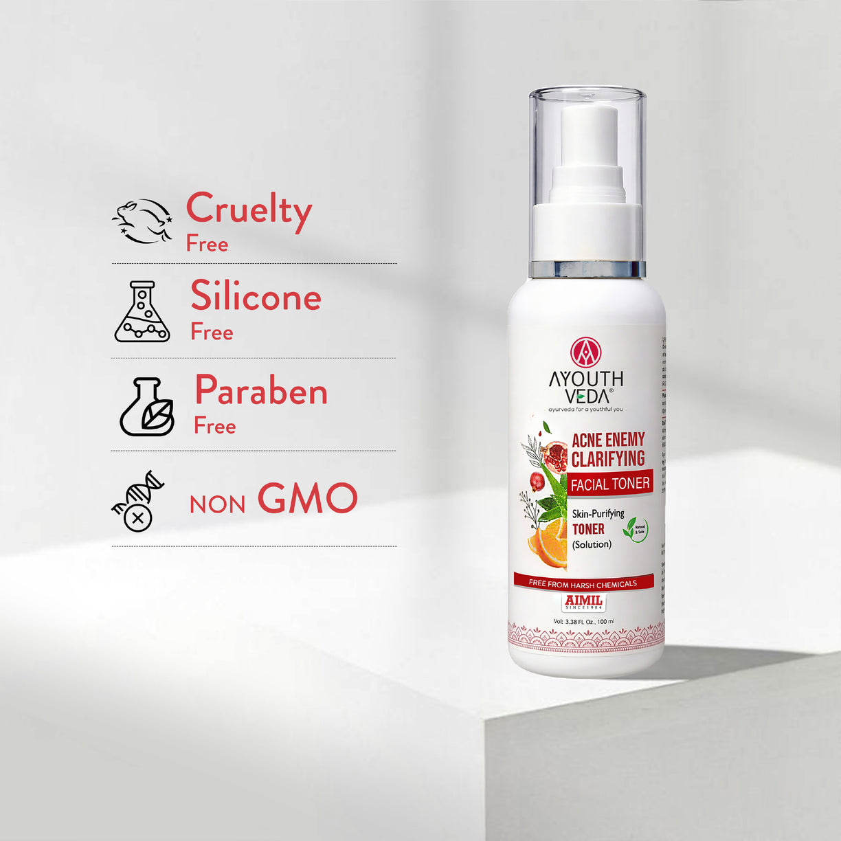 Ayouthveda Acne Enemy Clarifying Facial Toner with Pomegranate, Amla, Aloe Vera & Rose Distillate for Acne & Oil Control | Dermatologically Tested |Suitable for Oily & Acne-Prone Skin | Net Qty – 100 ml