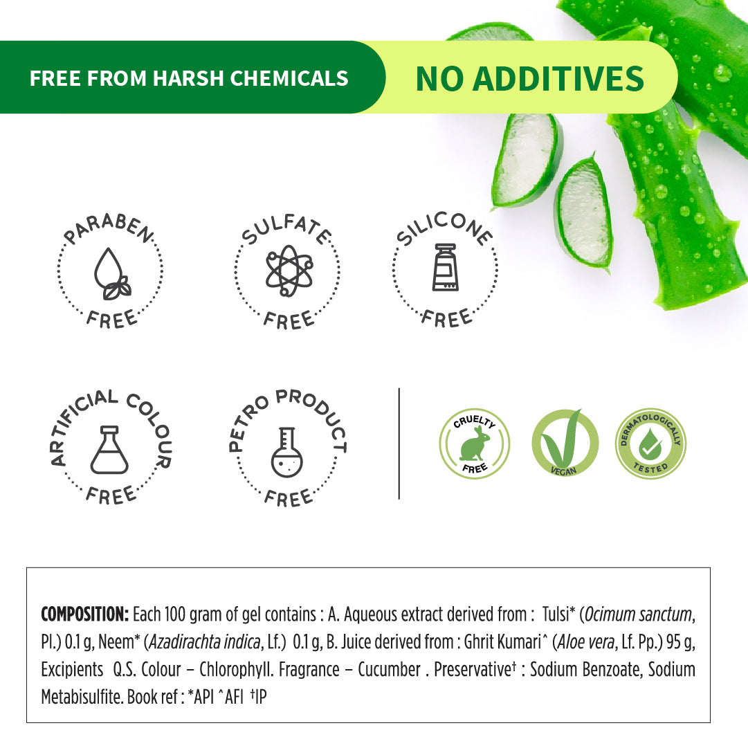 Ayouthveda Aloe Vera Gel | Multi-Purpose Gel For Face, Body & Hair | Calms Sunburn & Promotes Even Skin Tone | Non-Greasy Hydrating formula With Neem, Tulsi & Cucumber Extracts | Net. qty - 150g