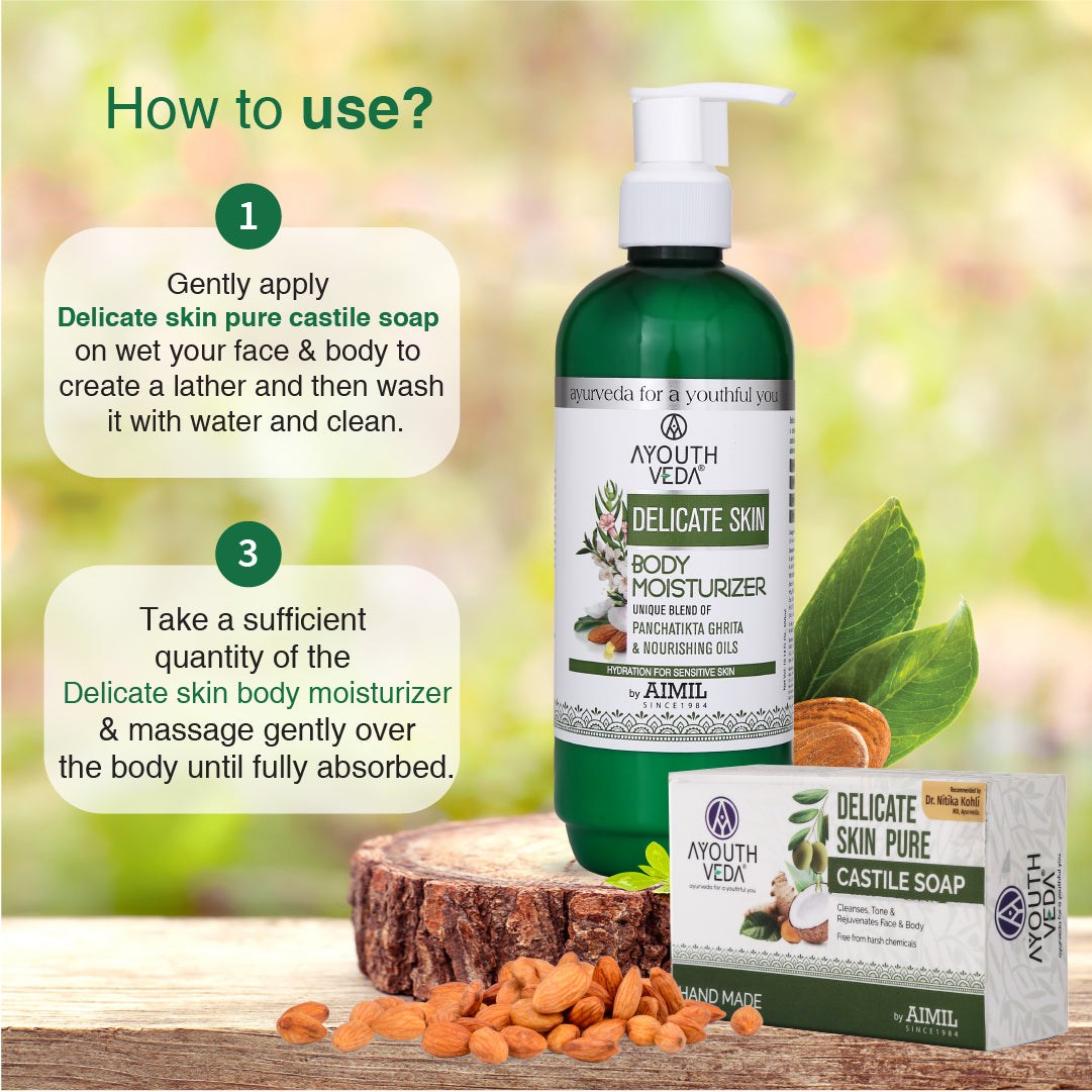 Delicate Skin Care Combo | Delicate Skin Pure Castile Soap (110g) & Delicate Skin Body Moisturizer (300 ml) - Ayouthveda
