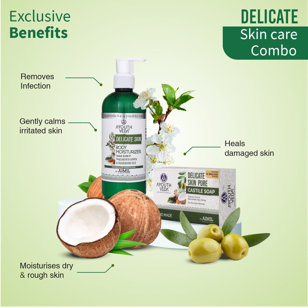Delicate Skin Care Combo | Delicate Skin Pure Castile Soap (110g) & Delicate Skin Body Moisturizer (300 ml) - Ayouthveda