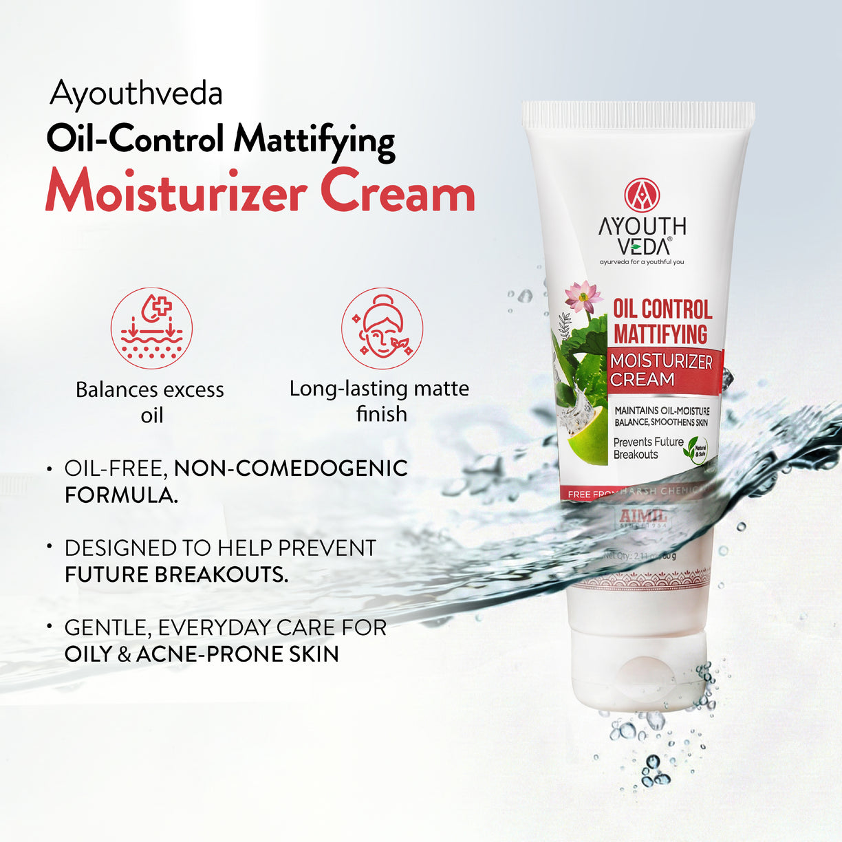 Ayouthveda Oil Control Mattifying Moisturizer Cream | Lightweight Non-Greasy Moisturizer with Green Tea, Aloe Vera & Coconut Water | Controls Excess Oil, Helps Prevent Acne & Gives Long-Lasting Matte Finish | Net Qty - 60g