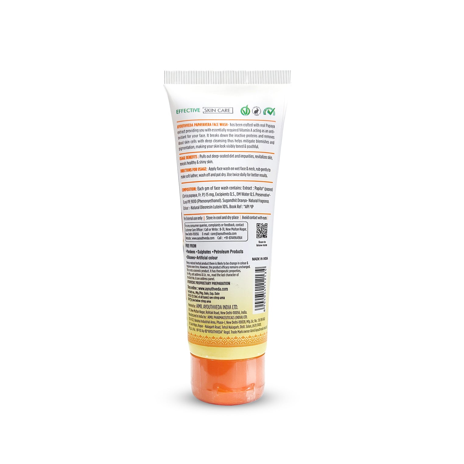 Ayouthveda Papaya Vera Face Wash with Real Papaya Extract | Deep Cleanser for Dry to Normal Skin | Removes Dullness, Dark Spots, & Impurities | Sulfate-Free Gentle Formula | (100 g)