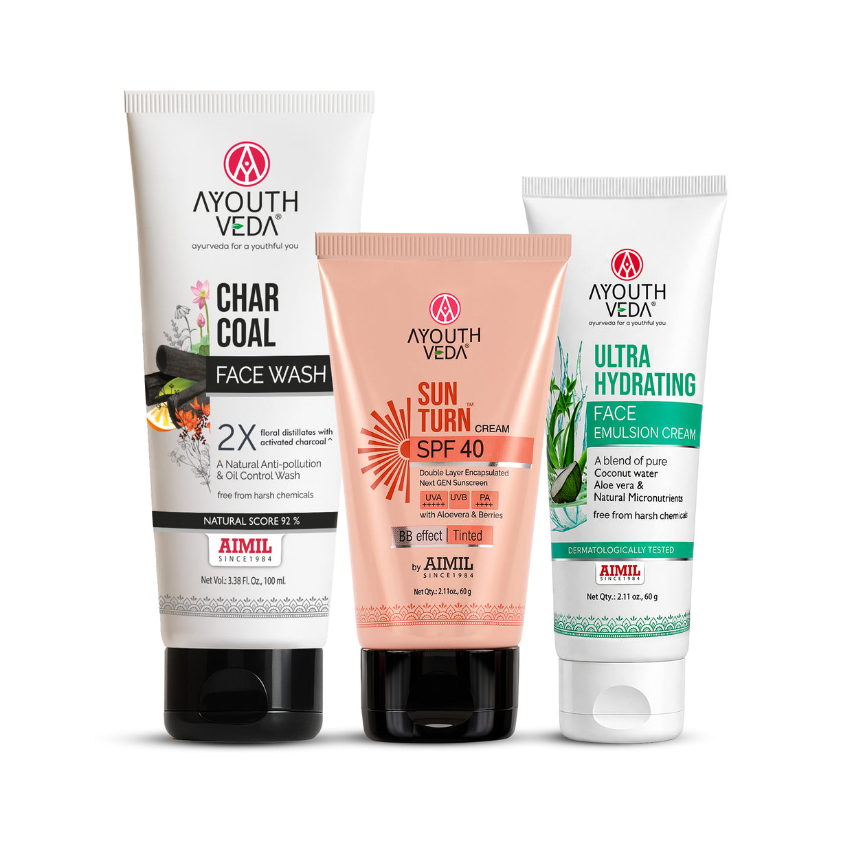 Ayouth Veda Anti-Pollution & Sun Care Skincare Combo (Charcoal Face Wash + SPF 40 Sunscreen + Hydrating Cream)