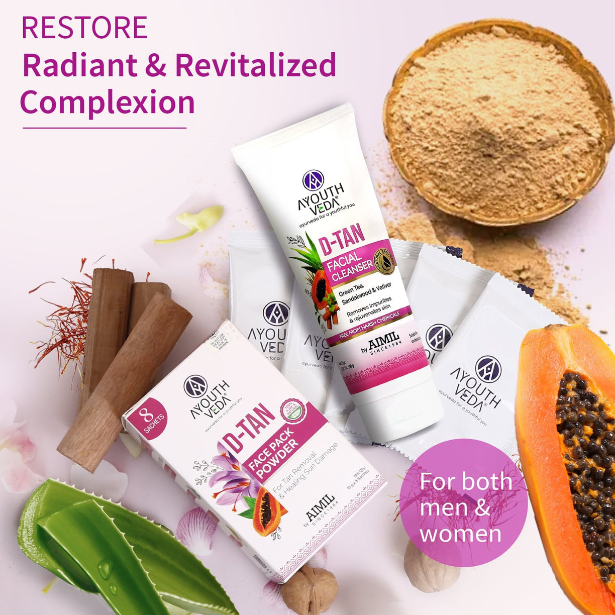 Radiant Skin Combo: D-Tan Facial Cleanser (100 g) D-Tan Face Pack Powder (10g×8) - Ayouthveda