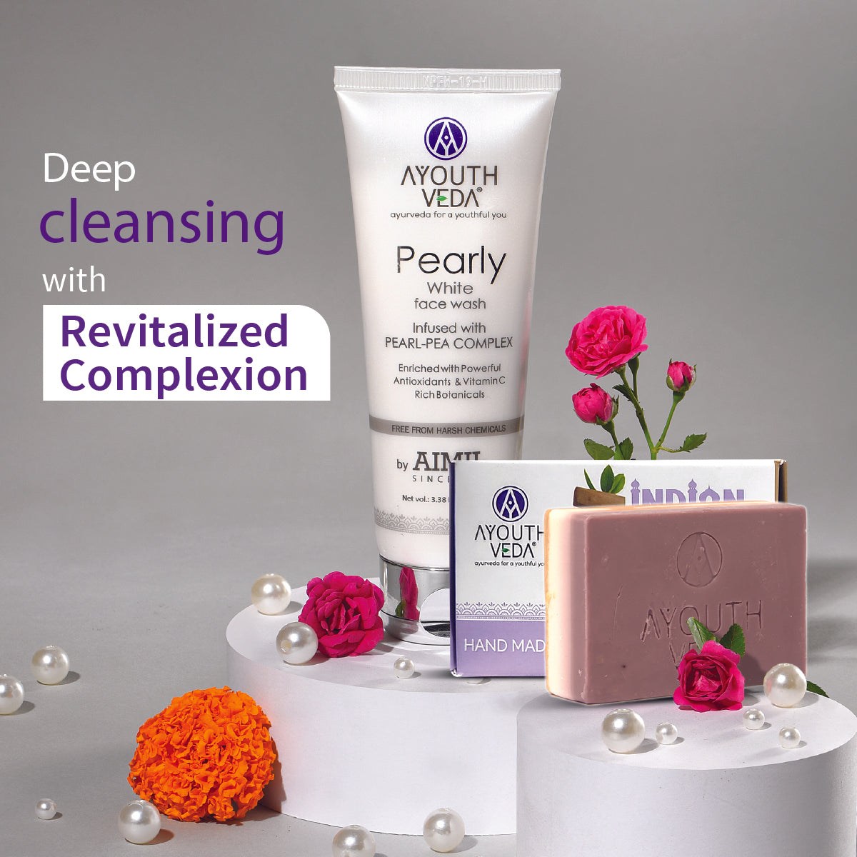 Face & Body Brightening Combo: Pearly White Face Wash (100 ml), Indian Clay Soap (100 gm) - Ayouthveda
