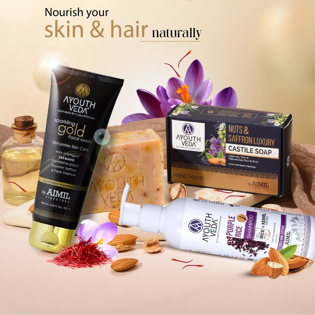 Glowing Skin & Hair Combo: Sparkling Gold Face Wash (100 ml), Nuts & Saffron Luxury Handmade Castile Soap (100 g), Purple Rice Shampoo (200 ml) - Ayouthveda