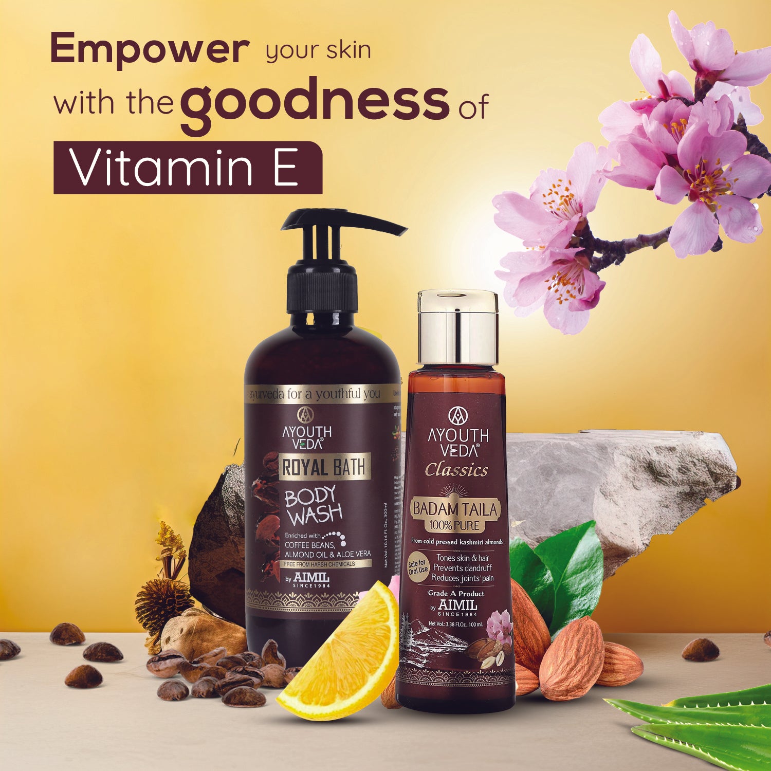 Vitamin-E Nourishing Combo: Badam Taila (100 ml), Royal Bath Body Wash (300 ml) - Ayouthveda