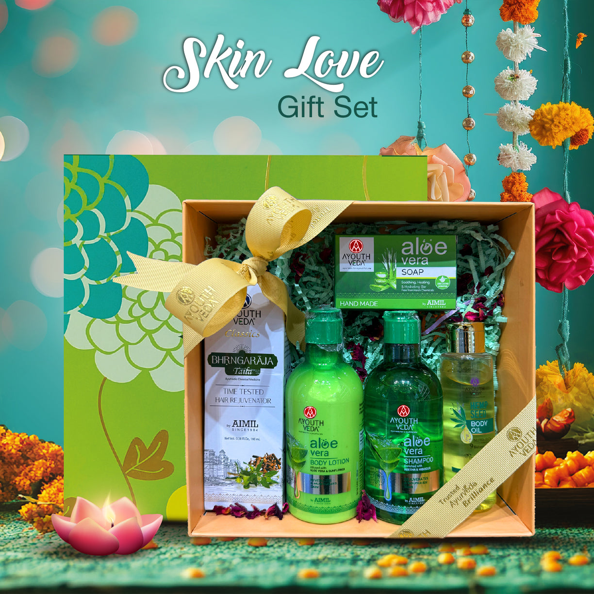 Skin Love Gift Set: Aloe Vera Body Lotion (250 ml), Aloe Vera Shampoo (250 ml), Aloe Vera Bathing Soap (100 g), Hemp Seed Body Oil (100 ml), Bhrangaraja Taila (100 ml)