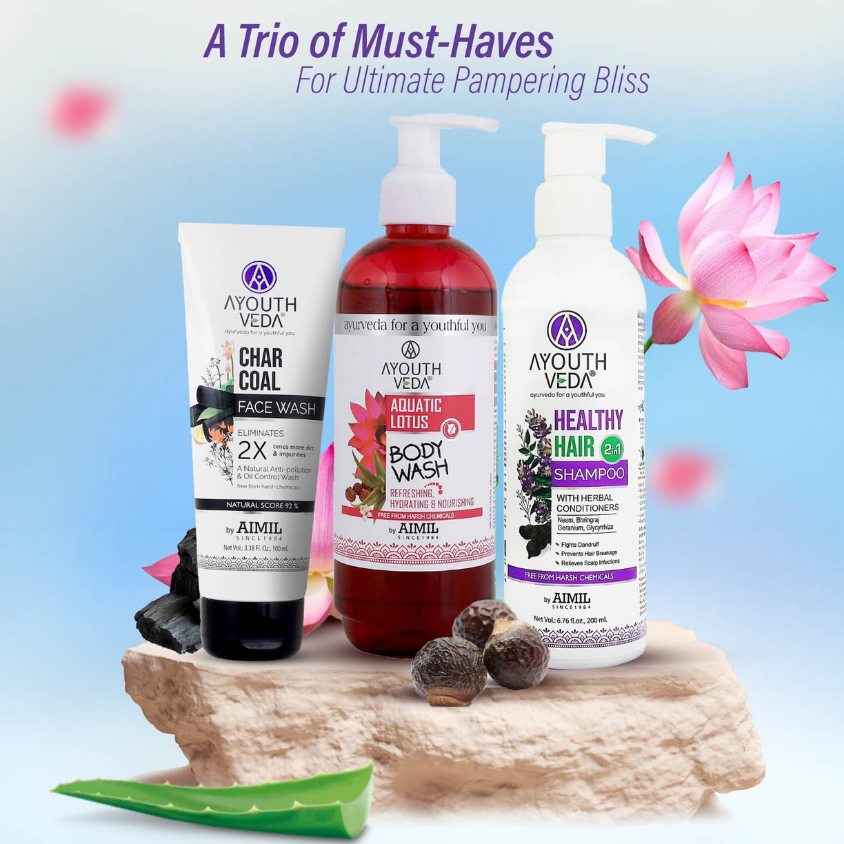 Bestseller Face, Body, Hair Combo: Charcoal Face Wash (100 ml), Aquatic Lotus Body Wash (300 ml), Healthy Hair Shampoo (200 ml) - Ayouthveda