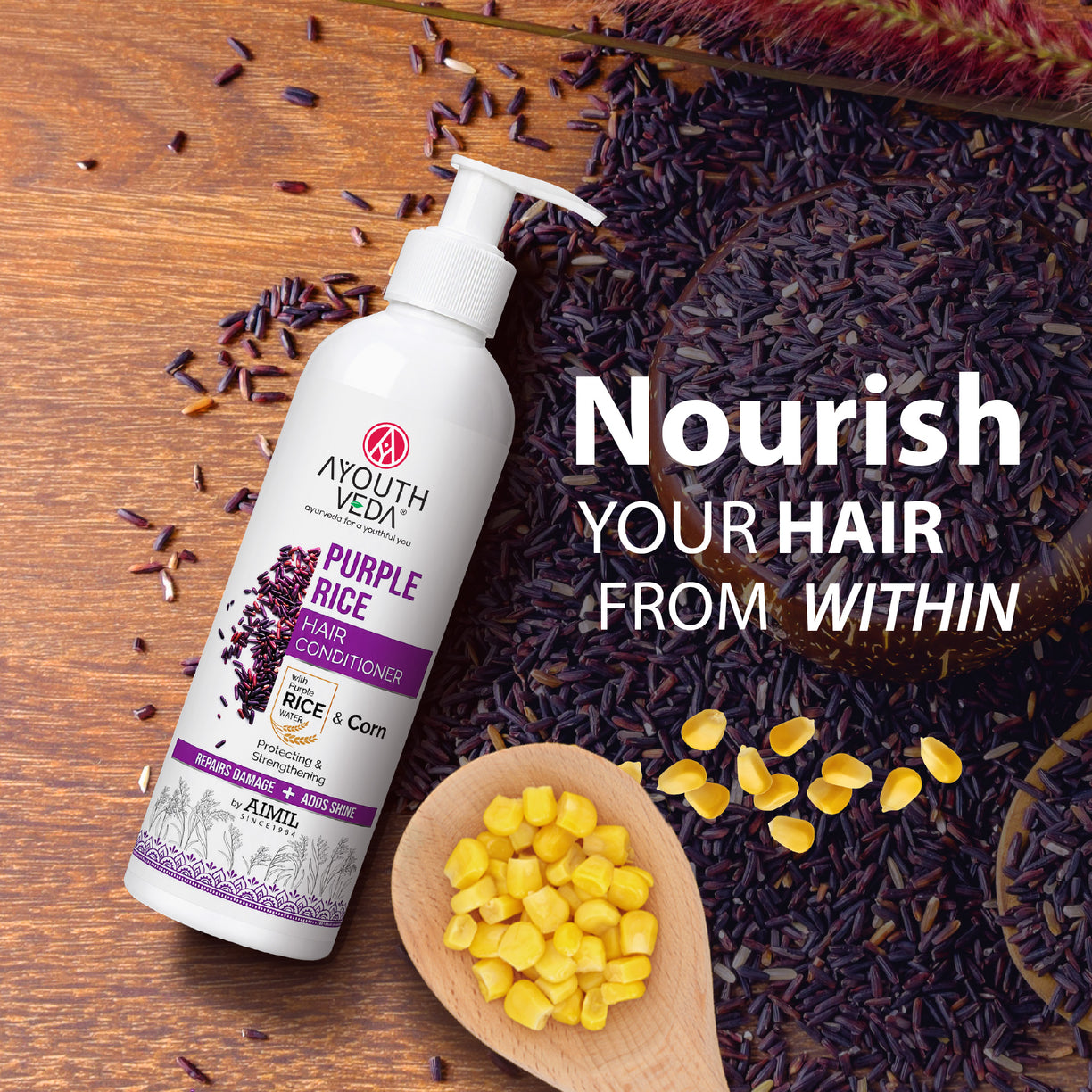 Ayouthveda Purple Rice Hair Conditioner with Rice Water & Kernel Protein | Repairs Damage, Controls Frizz & Enhances Volume | Enriched with Eggplant, Betel & Guava Leaves | For All Hair Types | 200ml