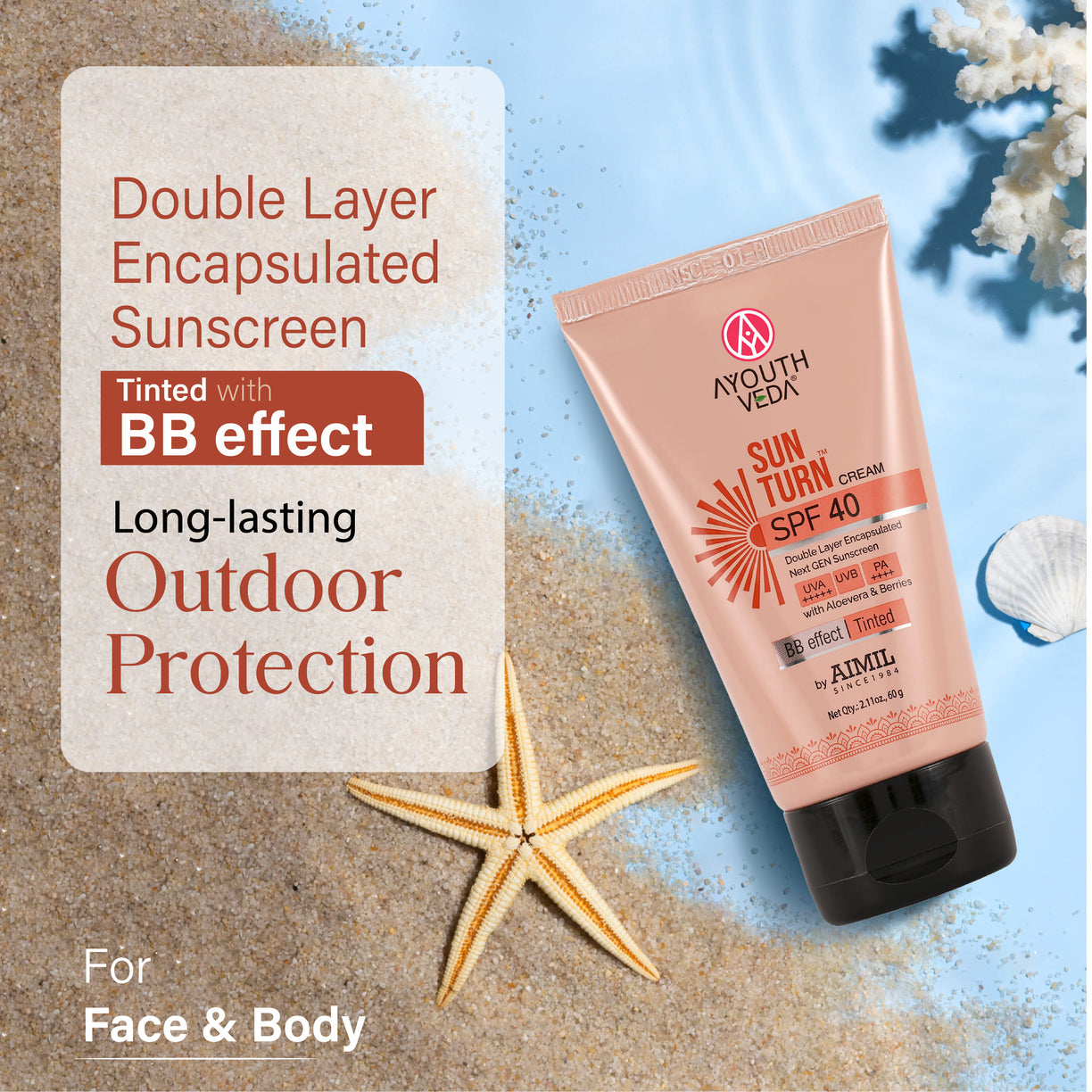 Sun Turn Cream SPF 40 - Double Layer Encapsulated Sunscreen - Tinted with BB Effect - PA++++ - UVA(+++++)/UVB Protection - Blue Light Defense - Enriched with Zinc Oxide, Aloe Vera & Berries - Net.Qty:- 60g