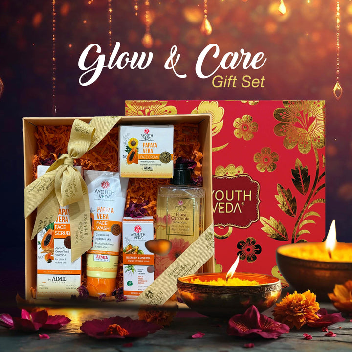 Glow & Care Gift Set: Flora Gardenia Shower Gel (250 ml), Papaya Vera Face Wash (100 g), Papaya Vera Face Scrub (100 g), Papaya Vera Face Serum (30 ml), Papaya Vera Face Cream (50 g)
