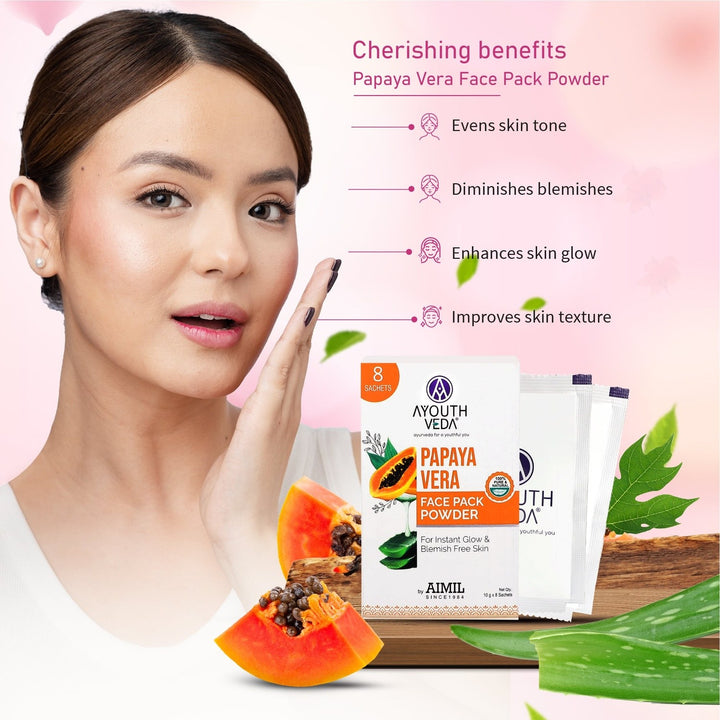 Flawless Skin Combo: Papaya Vera Face Pack Powder (10g × 8), Gulab Jal (100 ml) - Ayouthveda