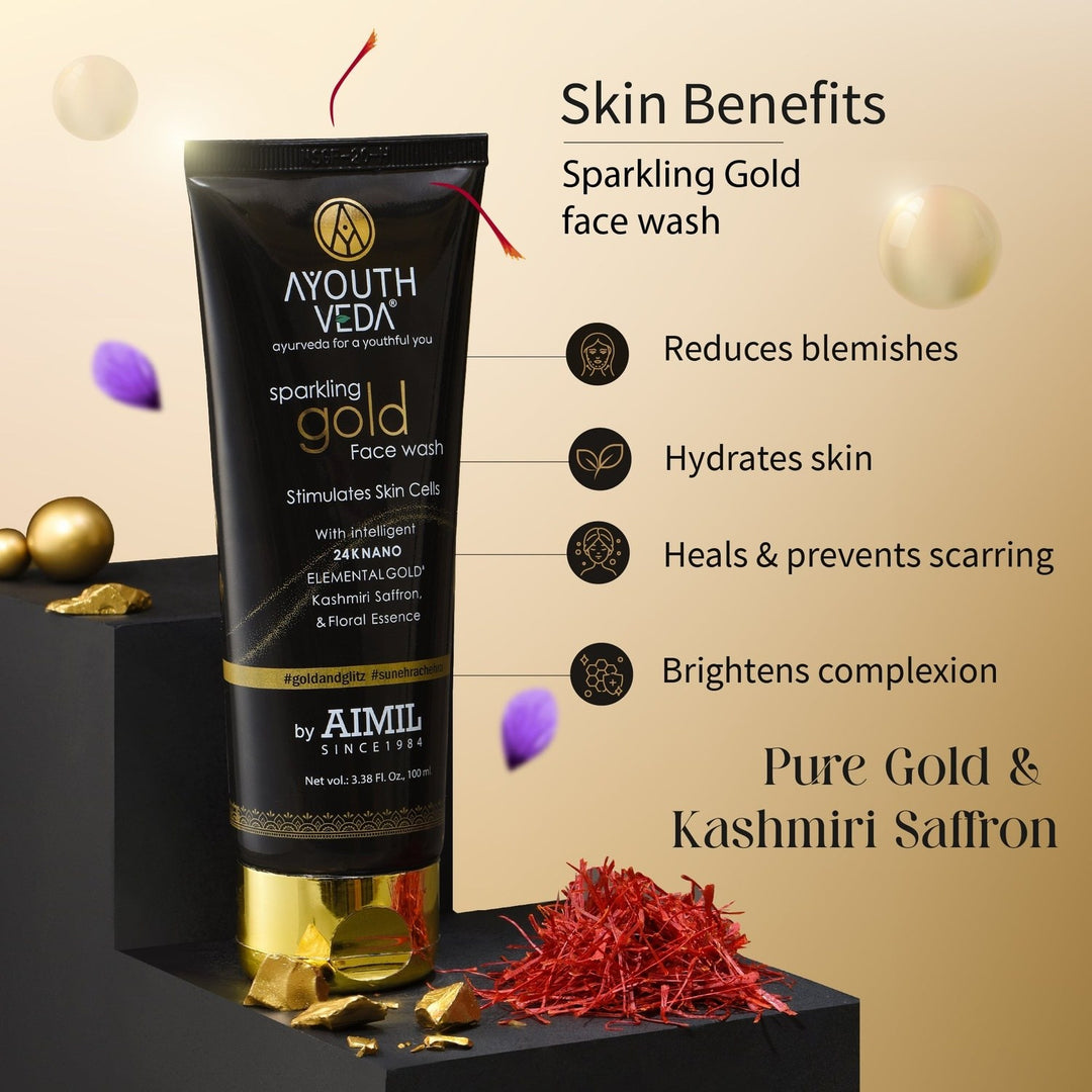 Glowing Skin & Hair Combo: Sparkling Gold Face Wash (100 ml), Nuts & Saffron Luxury Handmade Castile Soap (100 g), Purple Rice Shampoo (200 ml) - Ayouthveda