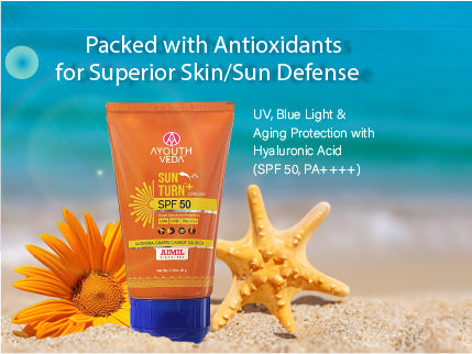 Ayouthveda Sun Turn+ Cream SPF 50 with Hyaluronic Acid for Broad Spectrum UV Protection Net qty.- 60 g