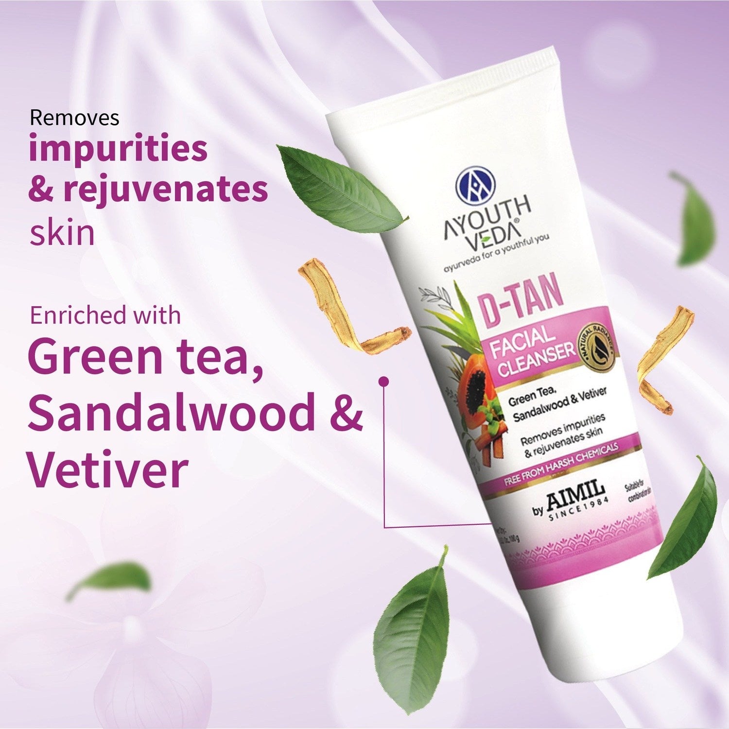 Ayouthveda D-Tan Facial Cleanser with Papaya, Lemon, Aloe Vera & Cucumber | Tan Removal & Skin Brightening Formula For All Skin Types | Hydrating & Soothing | For Men & Women | 100g