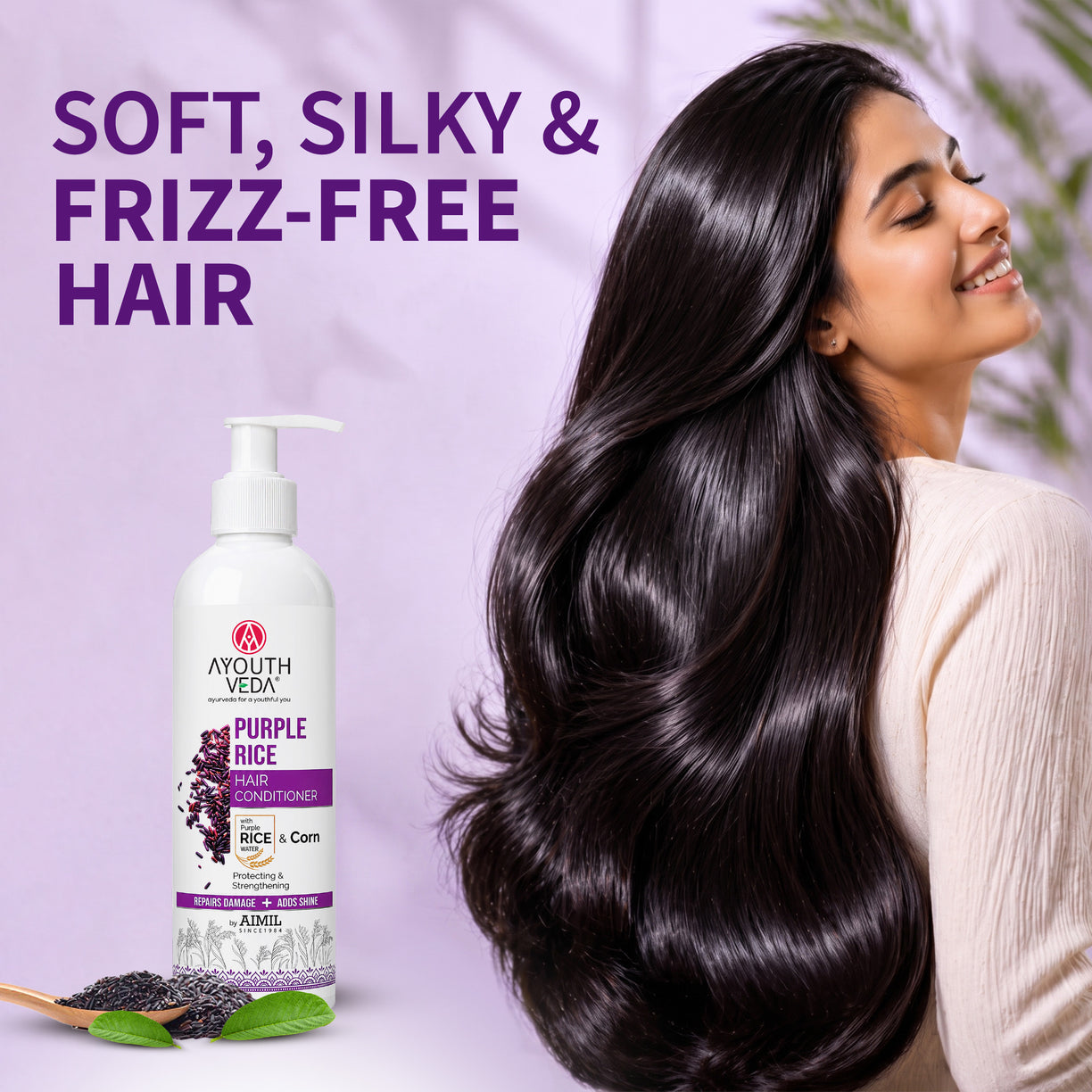 Ayouthveda Purple Rice Hair Conditioner with Rice Water & Kernel Protein | Repairs Damage, Controls Frizz & Enhances Volume | Enriched with Eggplant, Betel & Guava Leaves | For All Hair Types | 200ml