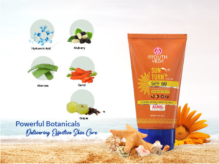 Ayouthveda Sun Turn+ Cream SPF 50 with Hyaluronic Acid for Broad Spectrum UV Protection Net qty.- 60 g