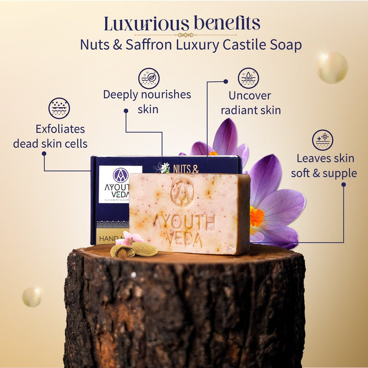 Glowing Skin & Hair Combo: Sparkling Gold Face Wash (100 ml), Nuts & Saffron Luxury Handmade Castile Soap (100 g), Purple Rice Shampoo (200 ml) - Ayouthveda