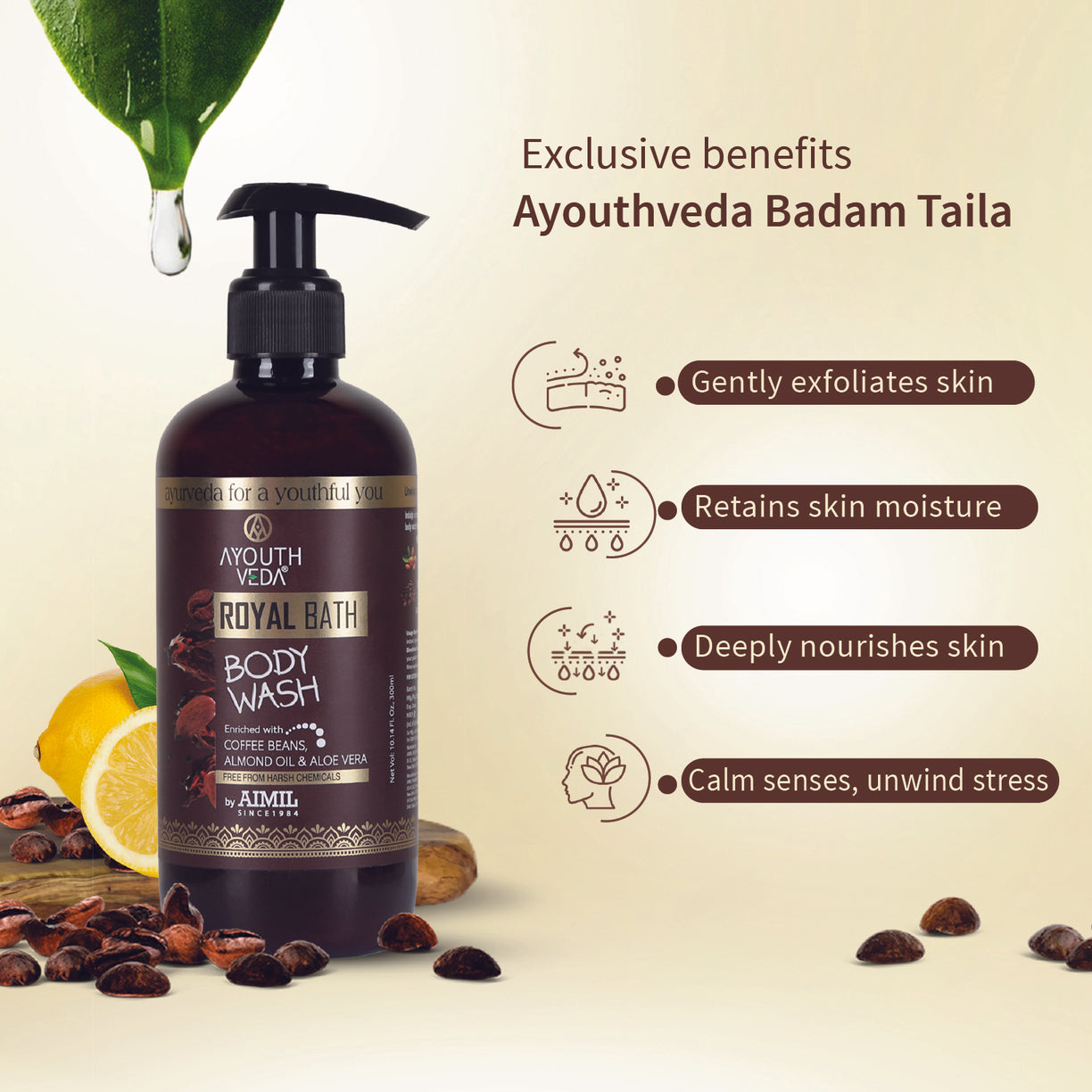 Vitamin-E Nourishing Combo: Badam Taila (100 ml), Royal Bath Body Wash (300 ml) - Ayouthveda