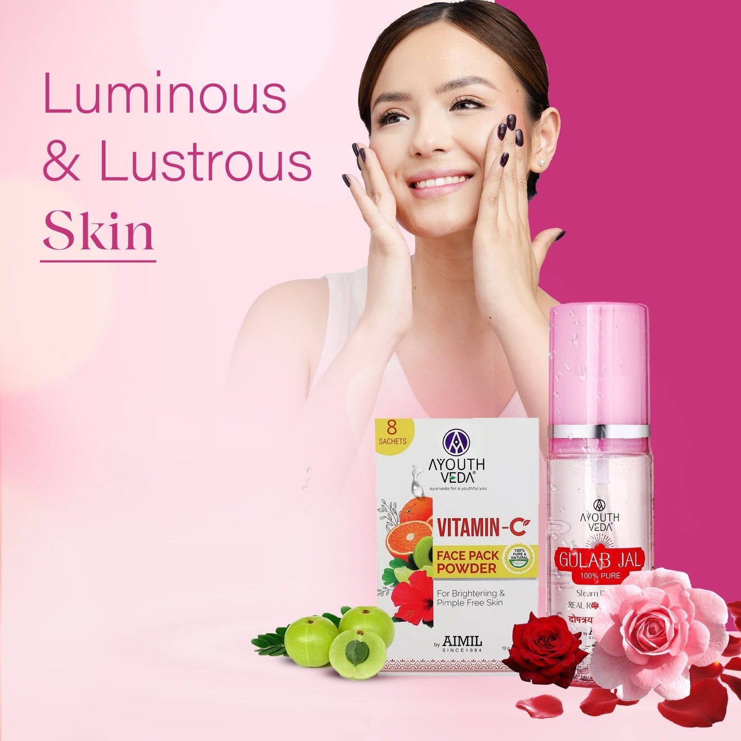 Luminous Skin Combo: Vitamin-C Face Pack Powder (10g × 8), Gulab Jal (100 ml) - Ayouthveda