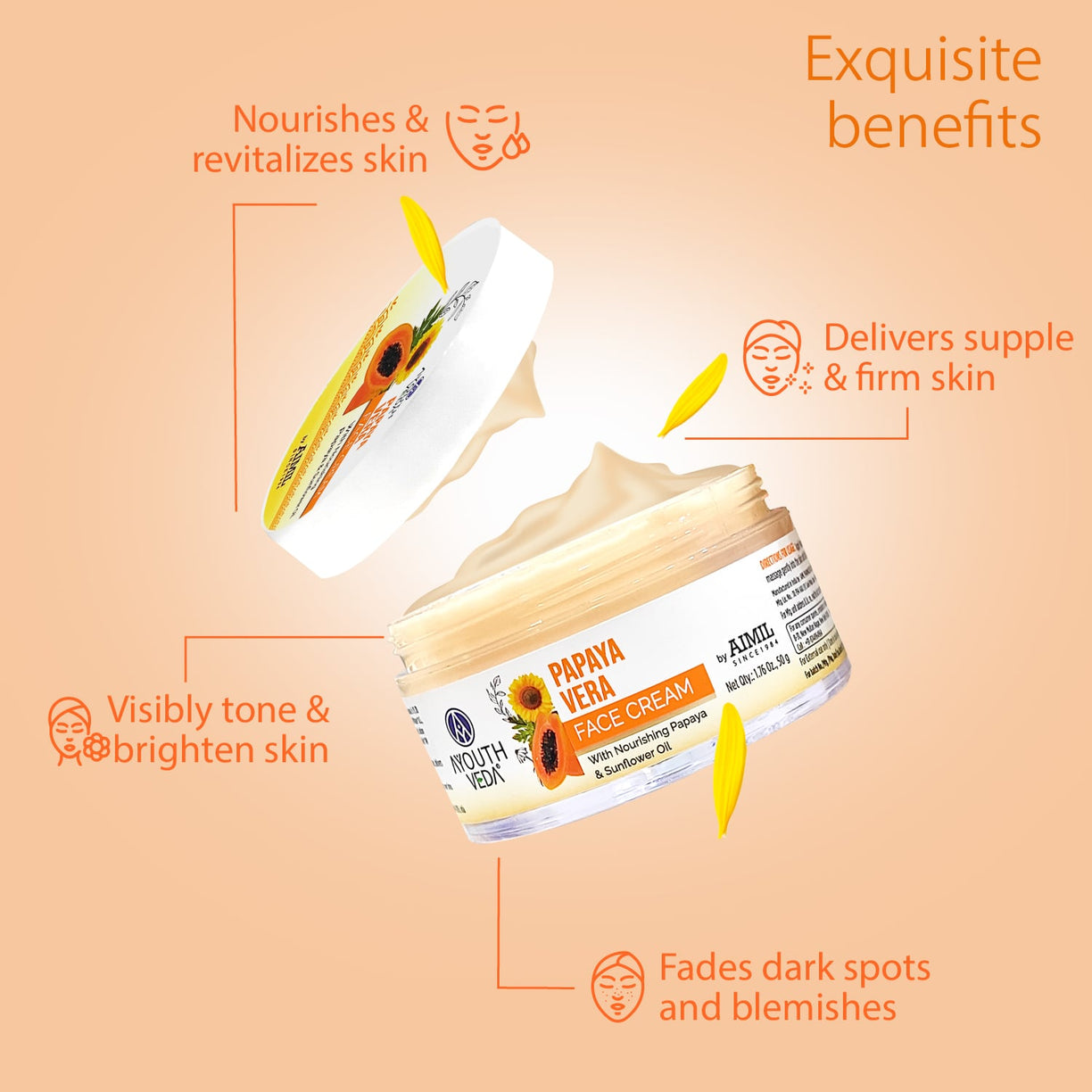 Ayouthveda Papaya Vera Face Cream | Nourishing Moisturizer for Blemish-Free, Even-Toned & Radiant Skin | With Papaya Enzymes & Sunflower Oil | Deep Hydration, Smooth Texture & Youthful Glow | 50 g