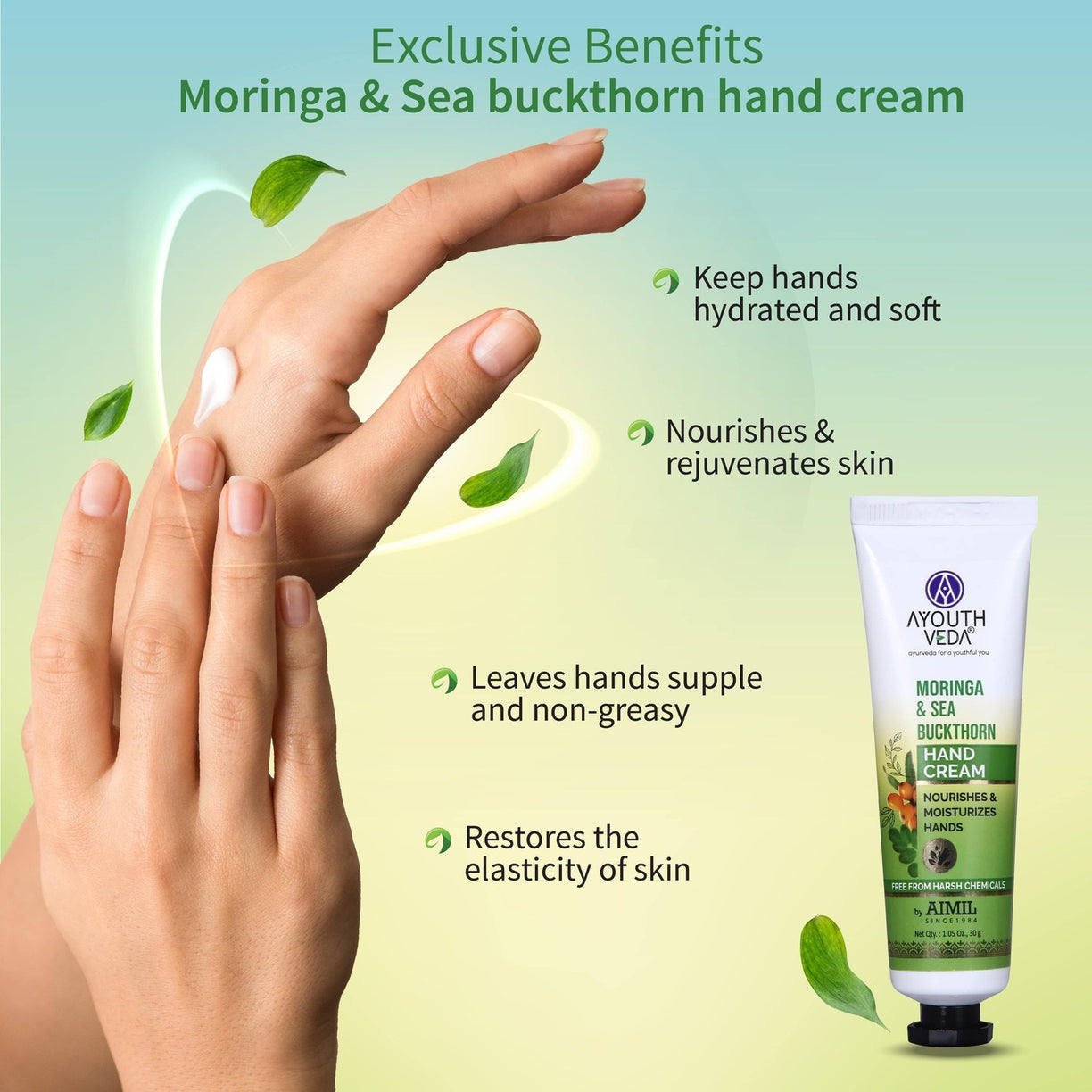 Rejuvenating Moringa Combo: Neem & Moringa Face Wash (50g), Moringa Body Yogurt (200 g), Moringa & Sea Buckthorn Hand Cream (30g) - Ayouthveda