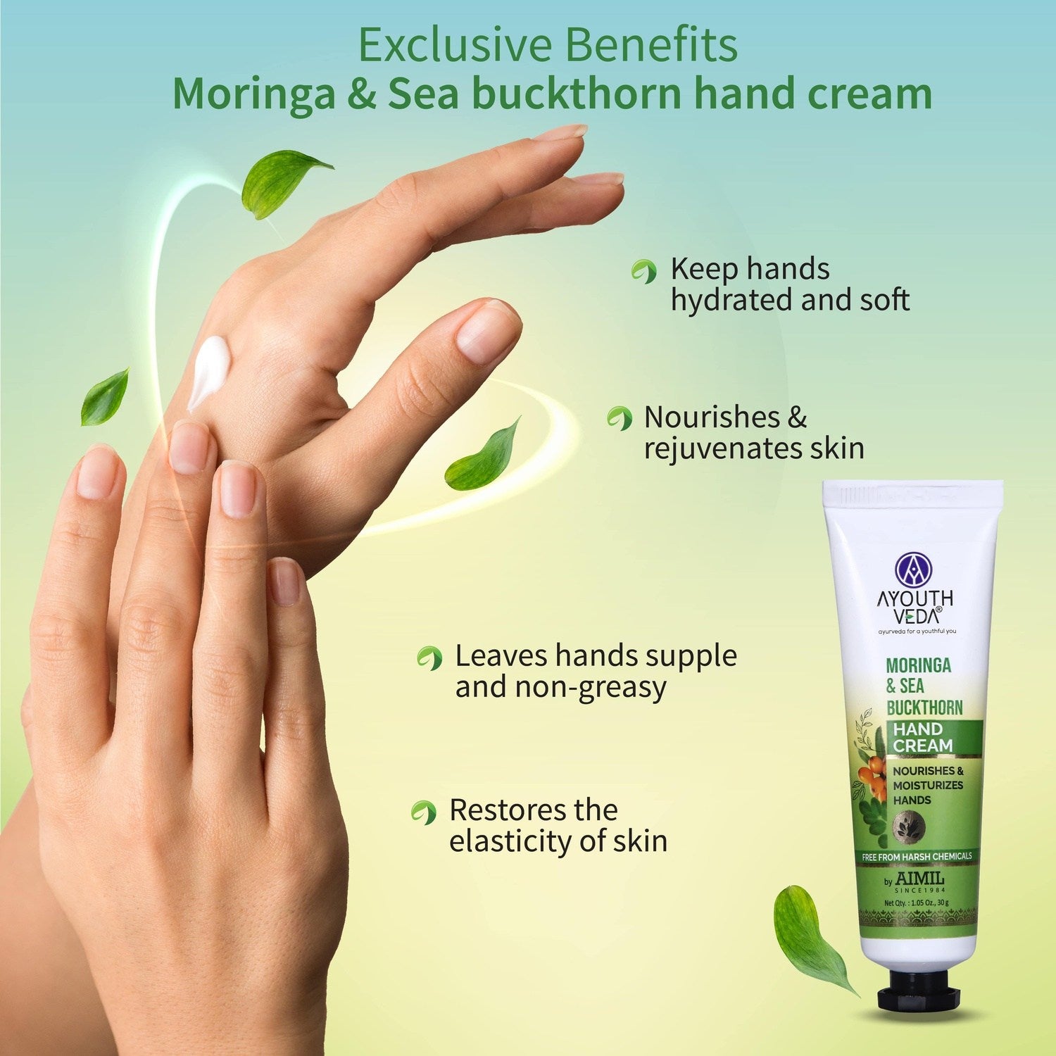 Rejuvenating Moringa Combo: Neem & Moringa Face Wash (50g), Moringa Body Yogurt (200 g), Moringa & Sea Buckthorn Hand Cream (30g) - Ayouthveda